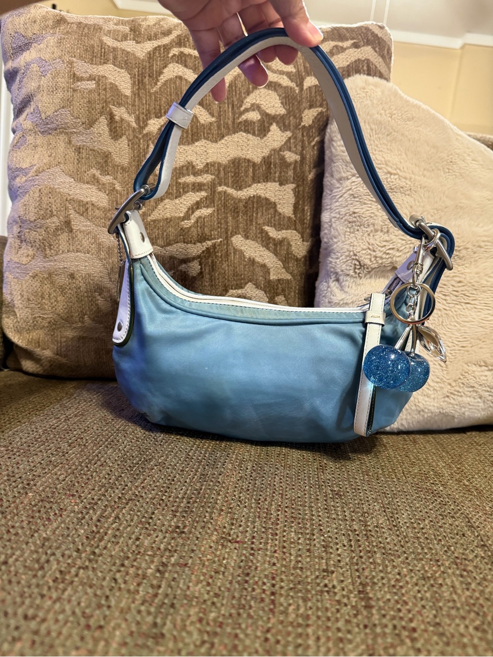 Coach Blue Leather Shoulder Bag with White Trim Cherries not included